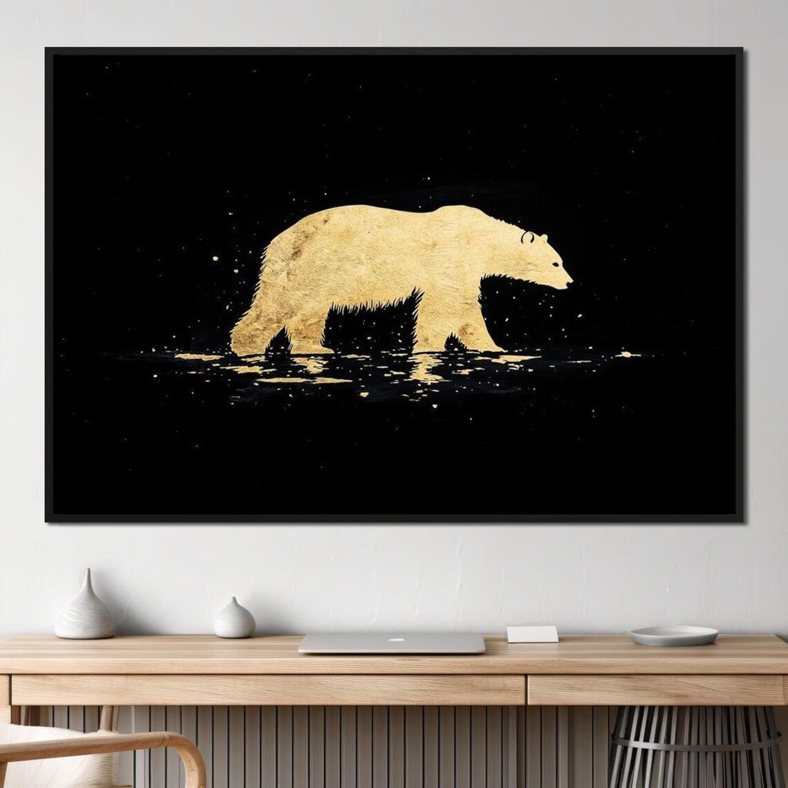 Golden Polar Bear Silhouette Black Night Minimalist Wildlife Art Poster - Image 4