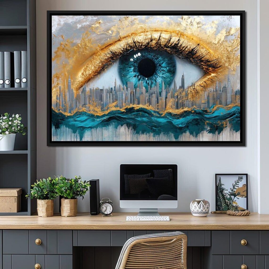 Teal Eye Gold Leaf City Skyline Ocean Waves Surreal Urban Wall Art