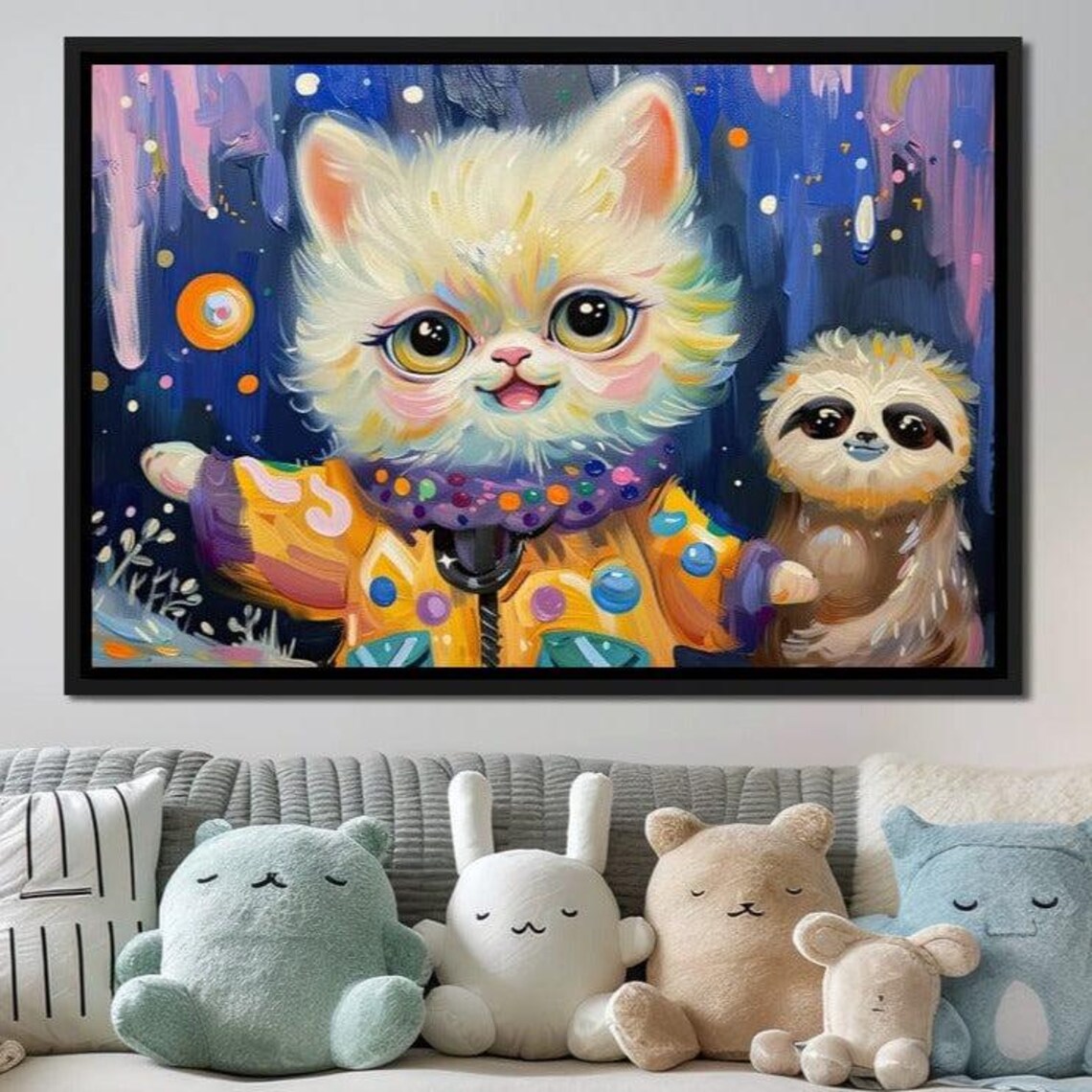 Cute White Kitten And Baby Sloth Starry Night Kids Room Art Poster - Image 4
