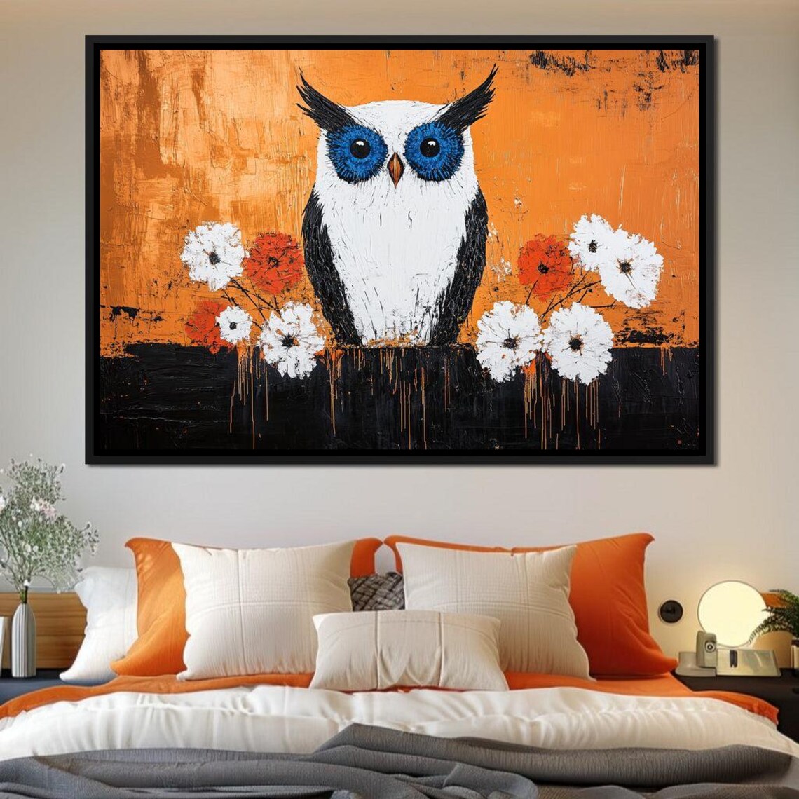 Blue Eyed White Owl Among Flowers Orange Abstract Wildlife Poster - Image 3