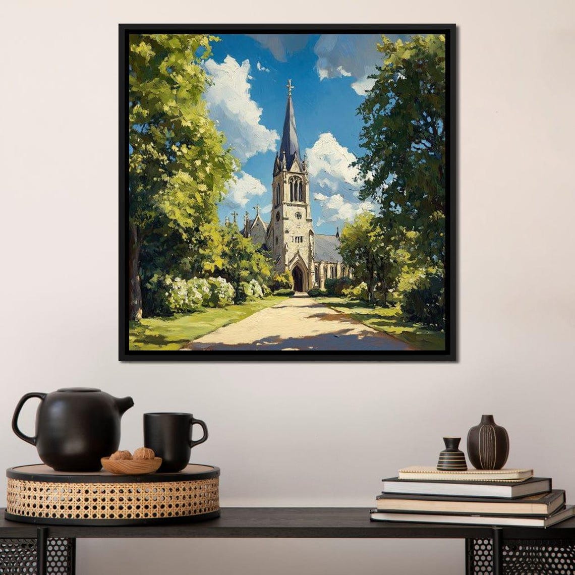 Stone Church Tall Spire Tree Lined Path Sunny Day Landscape Art Poster - Image 3