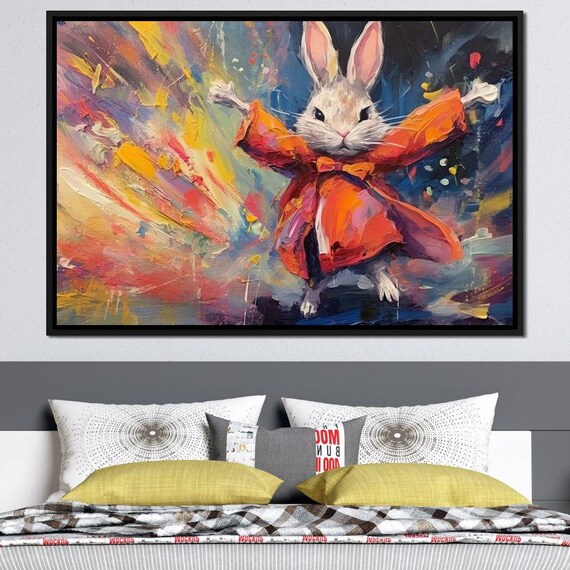 Dancing Rabbit Red Robe Vivid Colorful Kids Room Art Bunny Poster