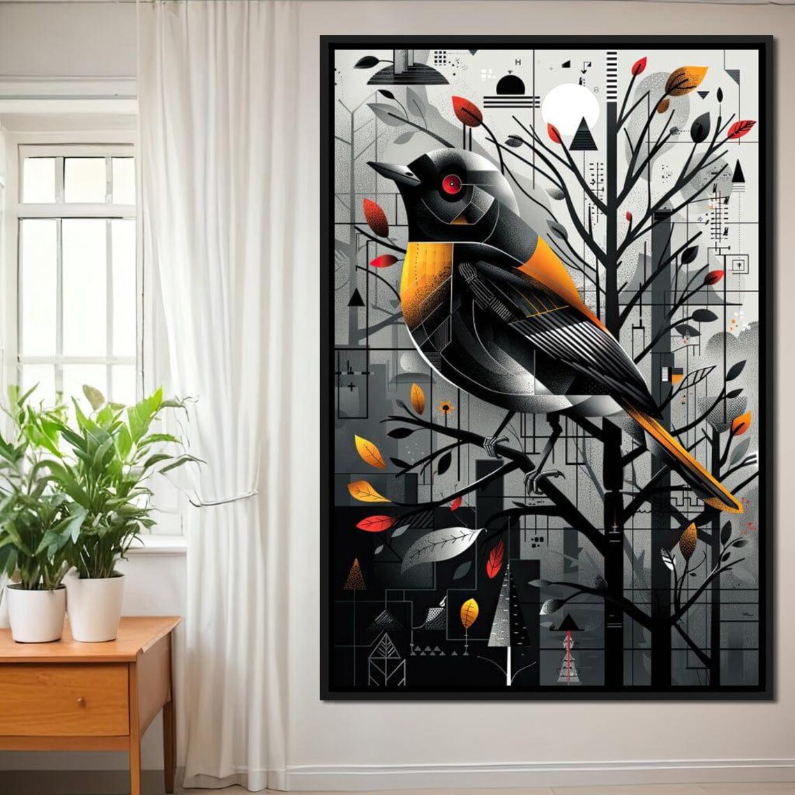 Geometric Songbird Tree Branch Abstract Black Orange Bird Wall Art - Image 2