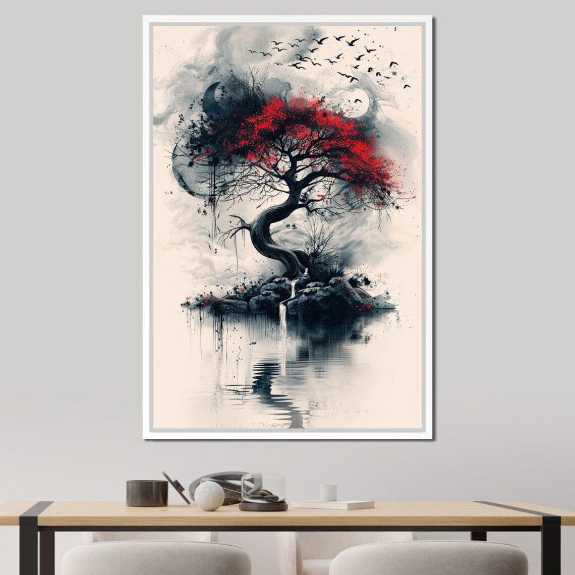 Japanese Red Tree Ink Wash Art Moon Birds Zen Minimalist Wall Poster - Image 3
