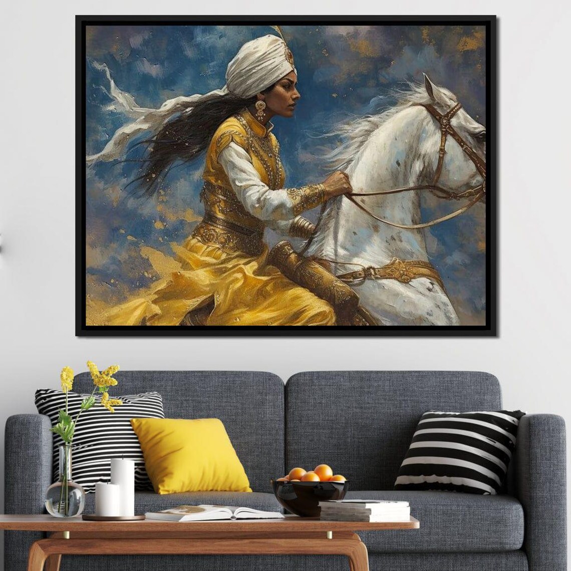 Golden Gallop Woman In Gold Riding White Horse Stormy Sky Art Poster - Image 2