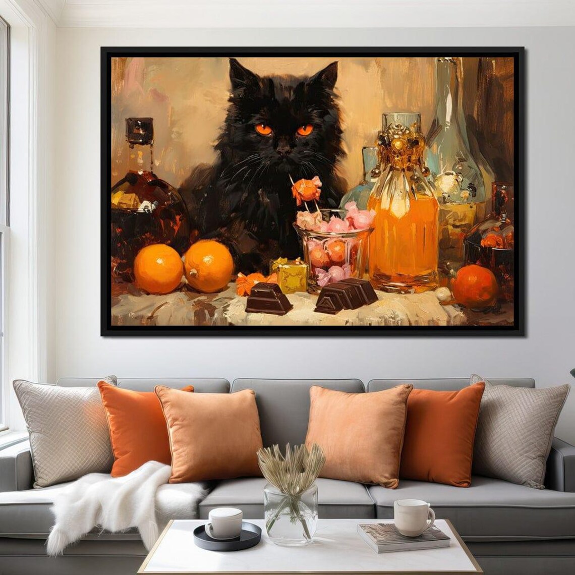 Black Cat Still Life Oranges Chocolate Whiskey Vintage Style Art Poster - Image 3