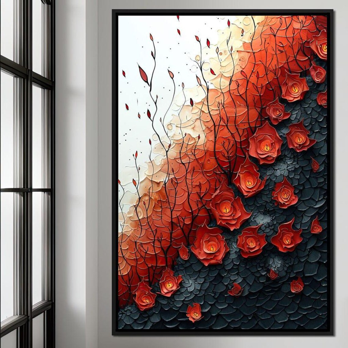 Red Roses Textured 3D Impasto Floral Painting Romantic Dark Wall Art - Image 4
