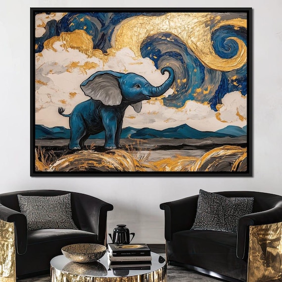 Blue Baby Elephant Starry Night Gold Swirl Sky Whimsical Wall Art Poster