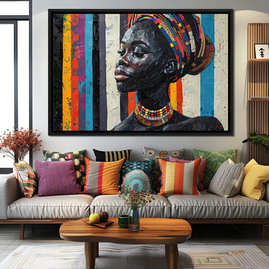 African Woman Beaded Headwrap Colorful Stripe Canvas Wall Art - Image 3