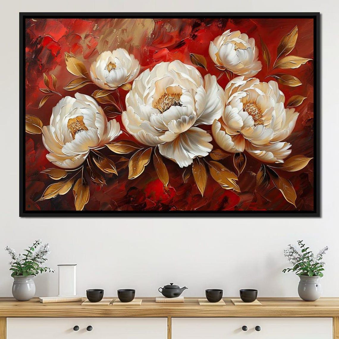 White Peonies Golden Leaves Rich Red Botanical Wall Art Poster - Image 2