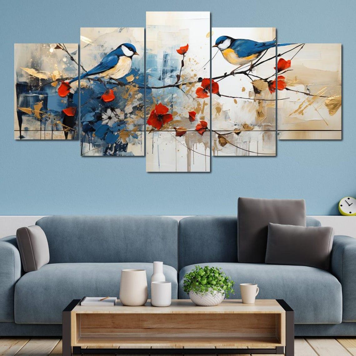 Bluebirds On Blossom Branch Five Panel Canvas Wall Art Poster