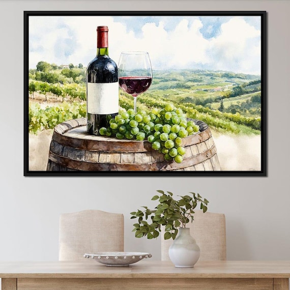 Rustic Vineyard Wine Bottle Glass Grapes Watercolor Art Poster