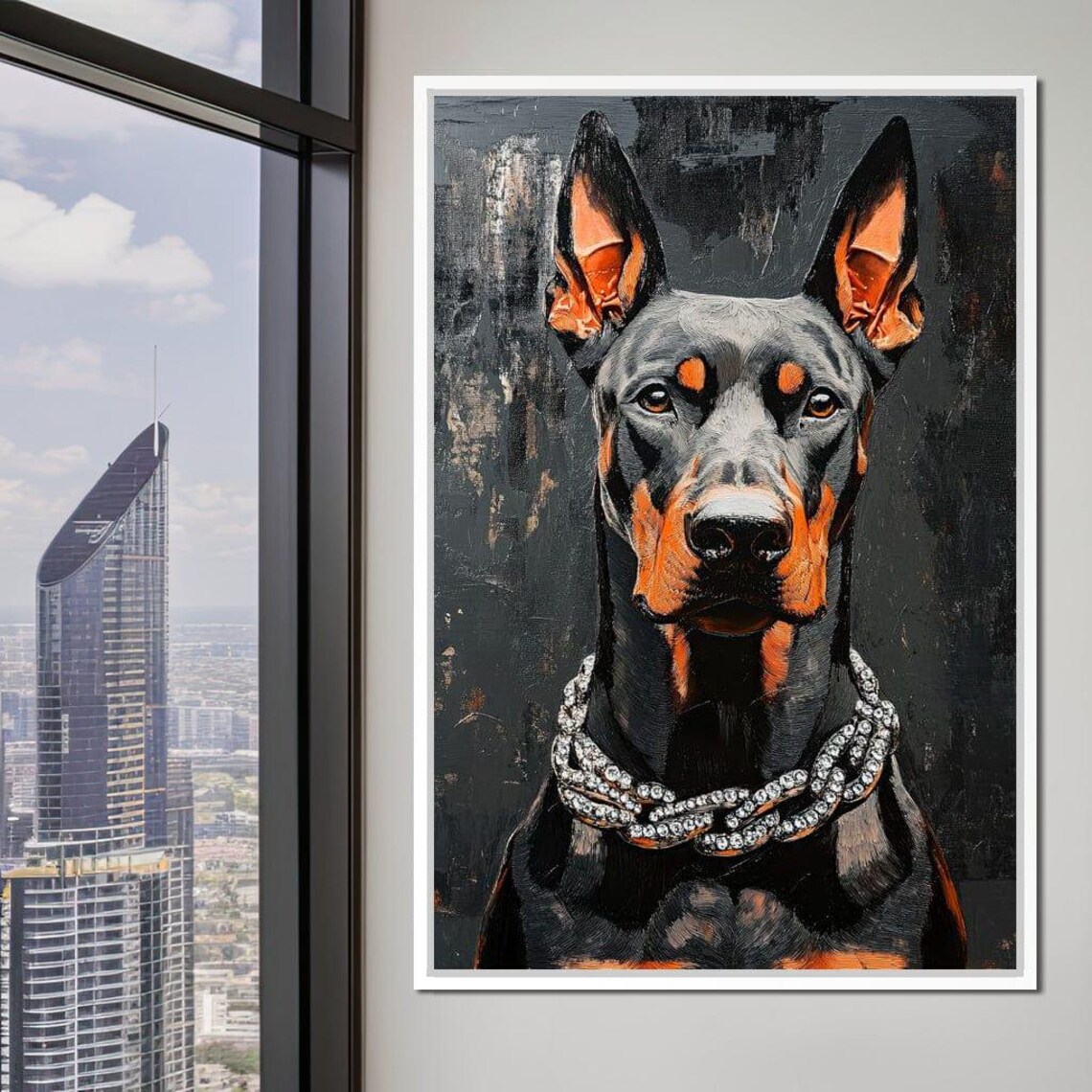 Doberman Pinscher With Chain Necklace Bold Black Dog Portrait Poster