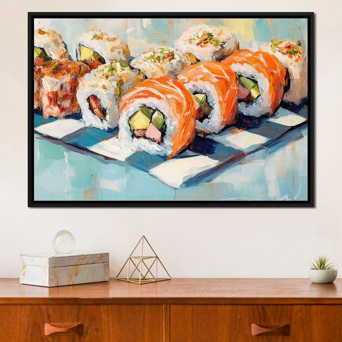 Salmon Rainbow Sushi Rolls Teal Checkered Modern Kitchen Decor Poster - Image 2