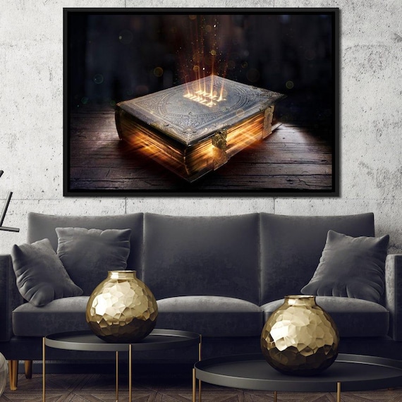 Glowing Holy Bible Golden Light Rays Dark Wooden Table Christian Wall Art Poster
