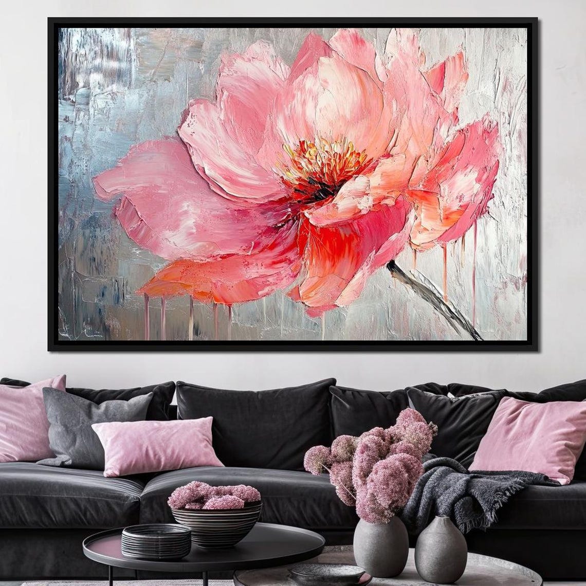 Blush Pink Peony Gray Textured Background Drip Floral Art Print