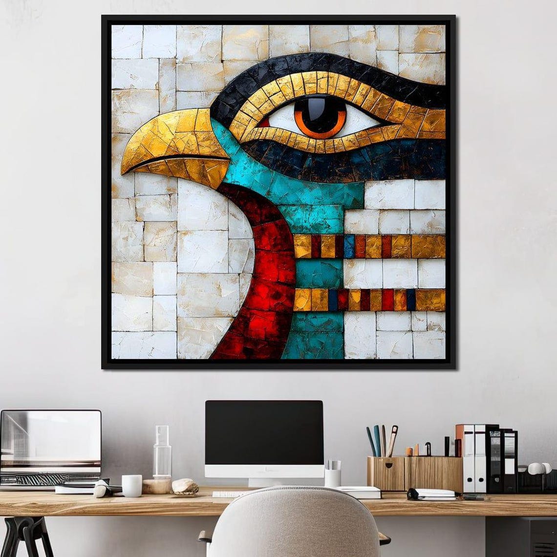 Eye Of Horus Falcon Mosaic Gold Turquoise Egyptian Framed Wall Art