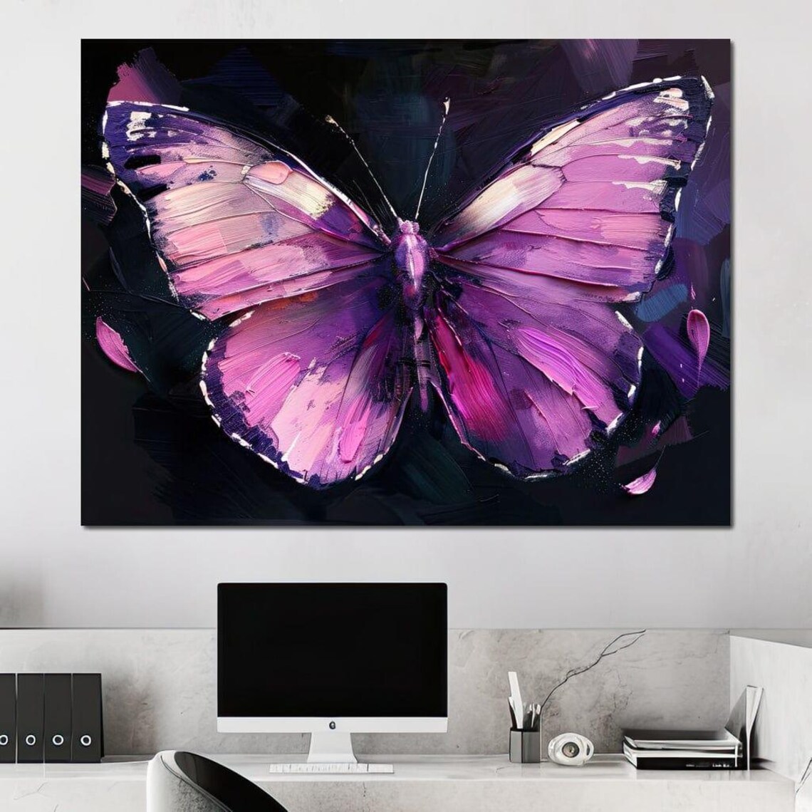 Purple Pink Butterfly Palette Knife Textured Painting Dark Wall Art - Image 3