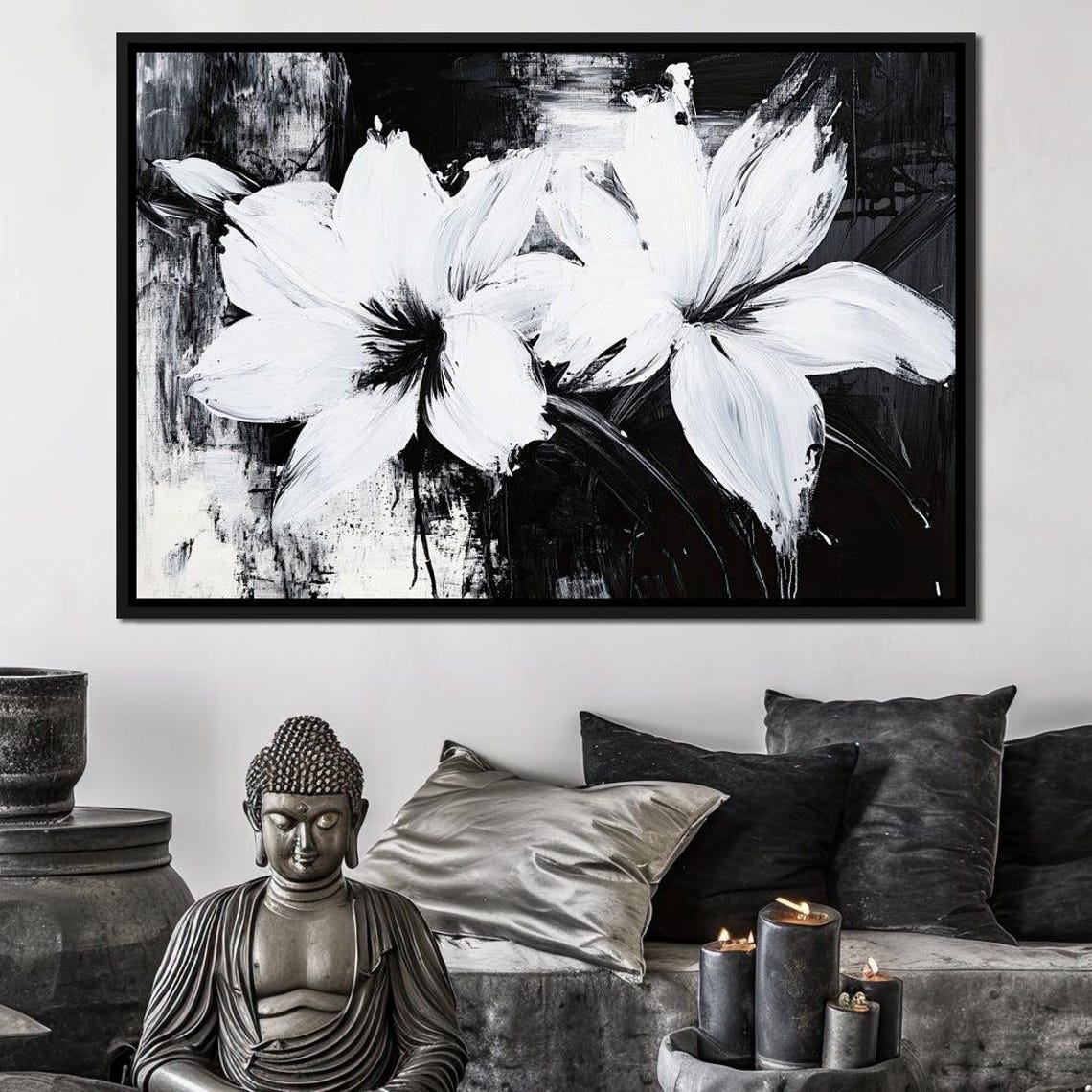Monochrome White Flowers Black Background Elegant Botanical Poster - Image 4