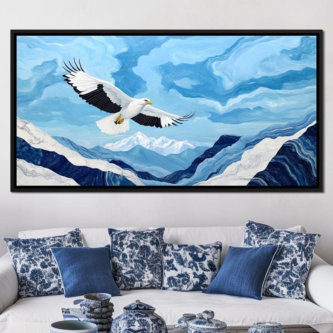 White Eagle Soaring Blue Snowy Mountains Framed Wildlife Wall Art - Image 4