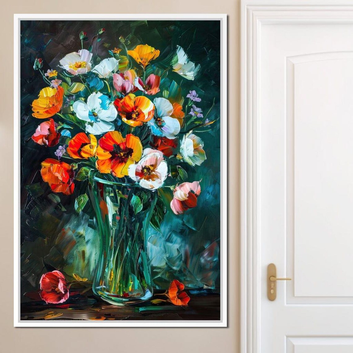 Colorful Impasto Wildflower Bouquet Glass Vase Oil Painting Print - Image 3