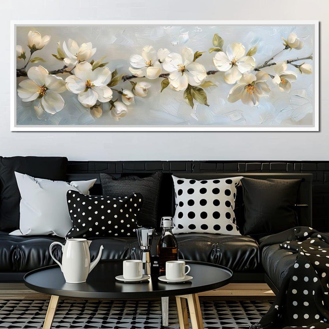 White Cherry Blossom Branch Panoramic Oil Painting Flower Wall Art - Image 3