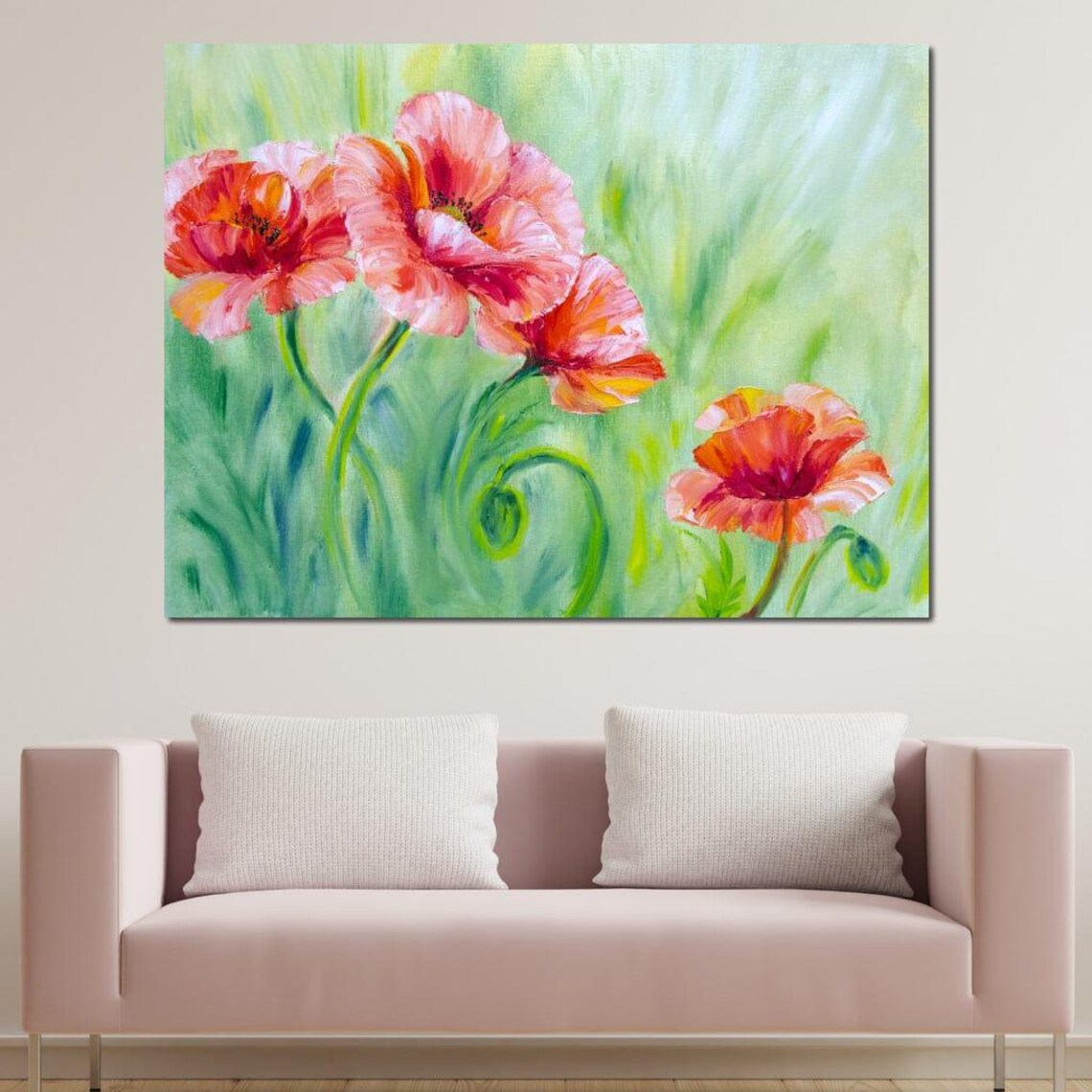 Red Poppies In Green Meadow Oil Painting Botanical Wall Art Print - Image 3