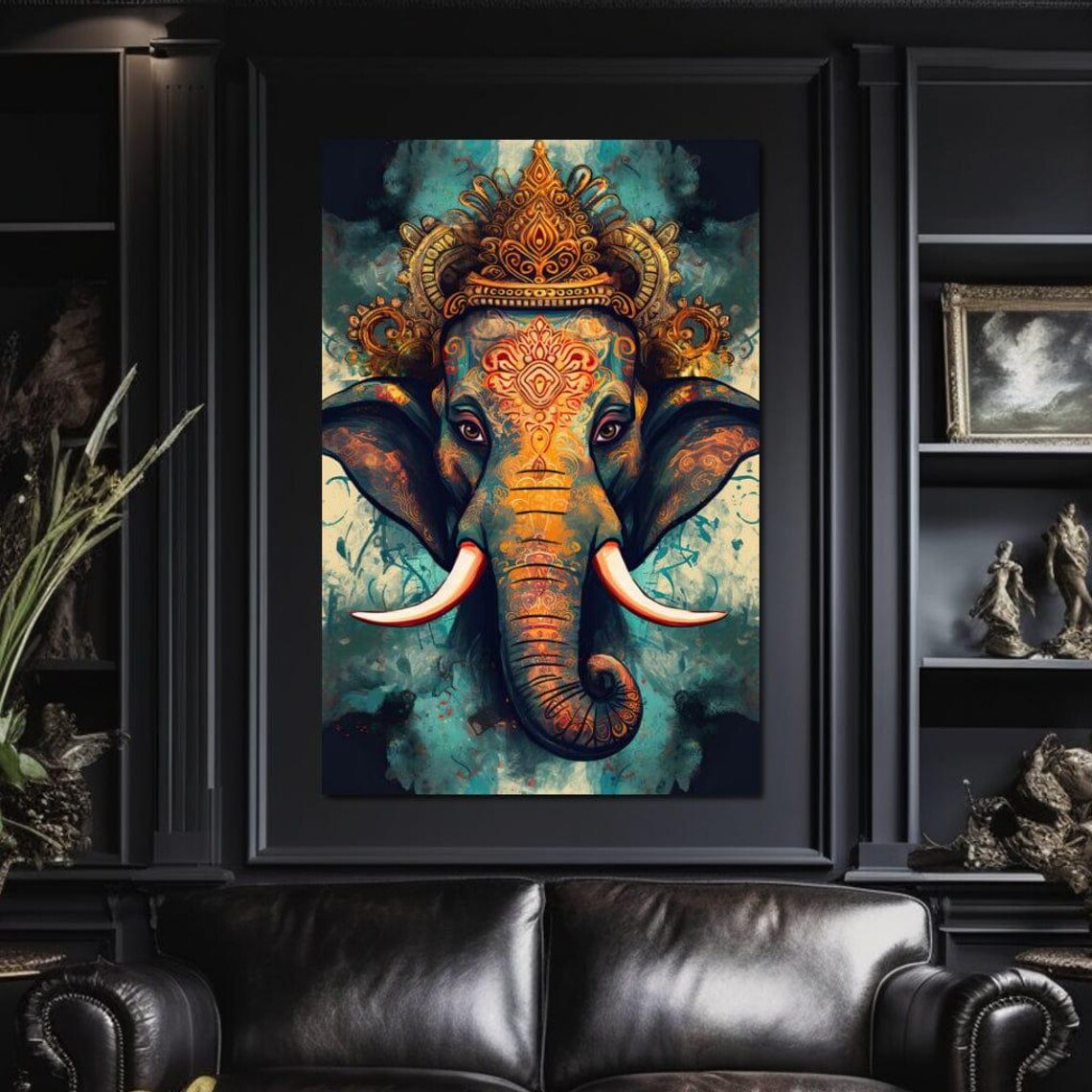 Gilded Ganesha Elephant Deity Ornate Crown Spiritual Wall Art - Image 4