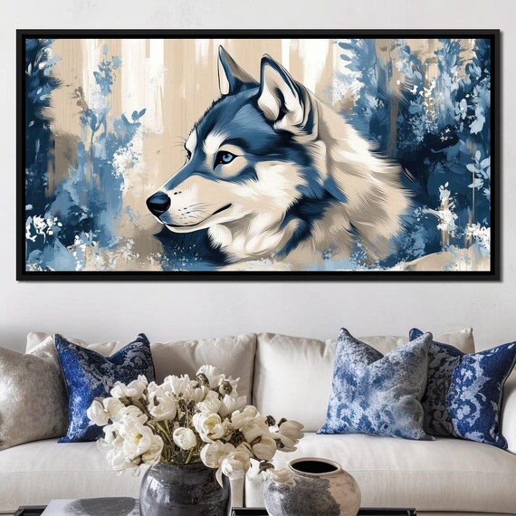 Blue Cream Wolf Profile Portrait Abstract Forest Painterly Wildlife Poster
