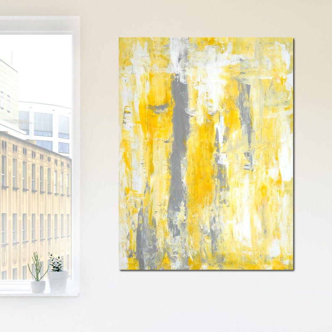 Yellow Grey White Brushstroke Modern Abstract Painting Wall Art - Image 4