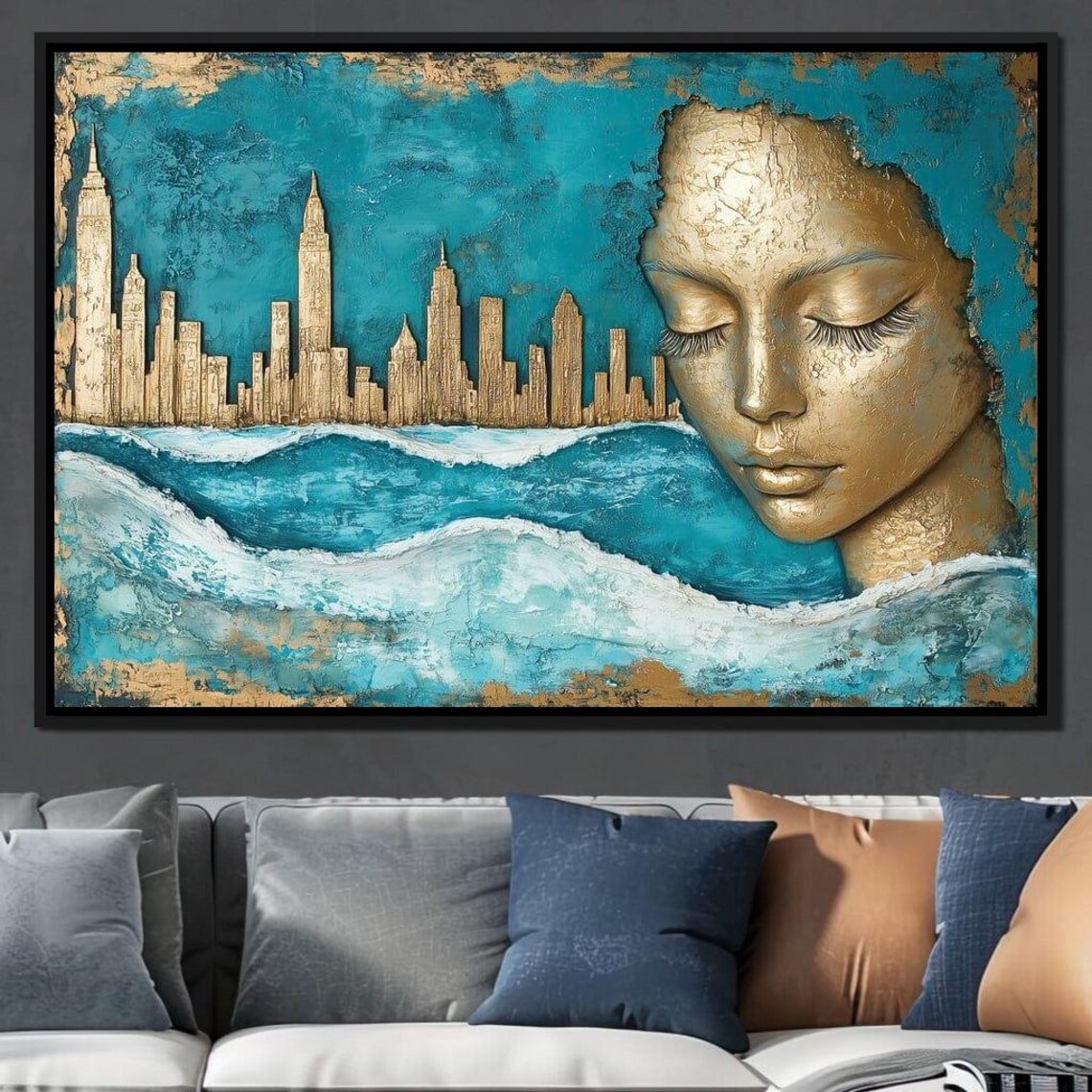 Gold Manhattan Skyline Teal Waves Golden Woman Face Surreal Poster - Image 3