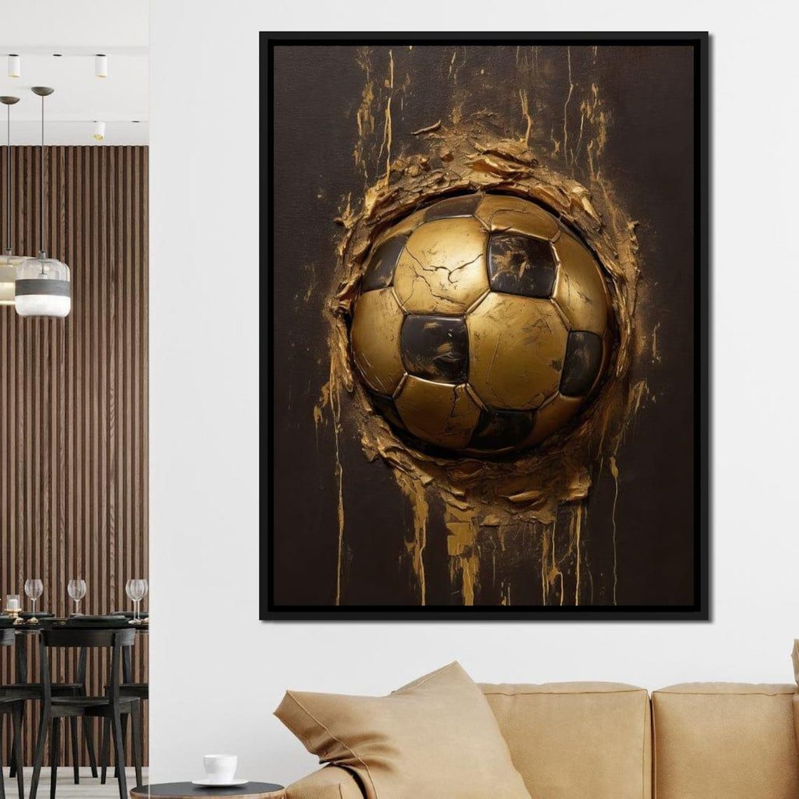 Golden Soccer Ball Black Background Splash Modern Sports Art Poster