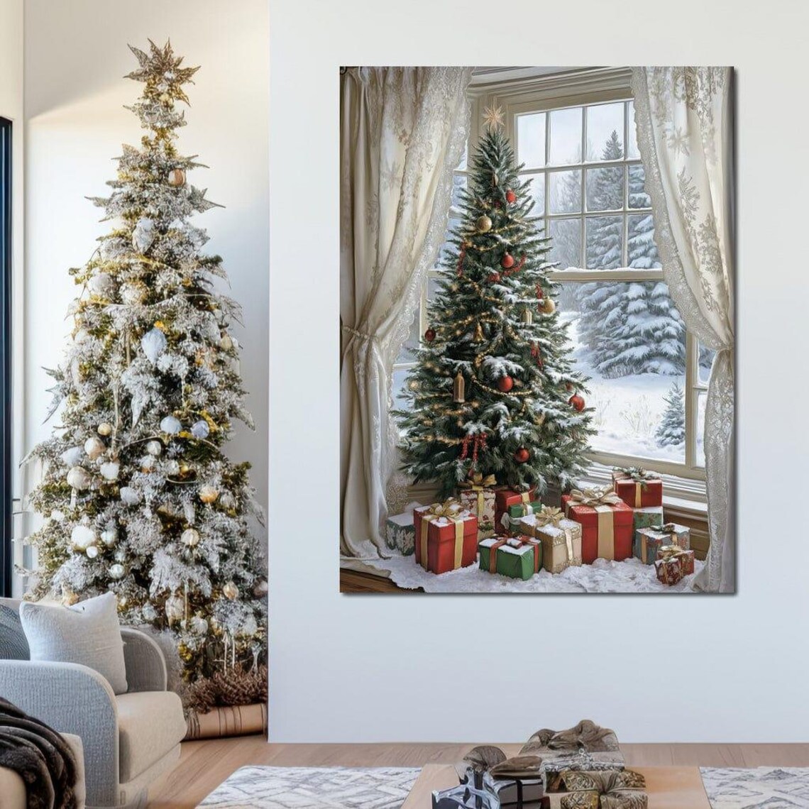 Christmas Tree By Window Snowy Landscape Gifts Vintage Holiday Print - Image 2