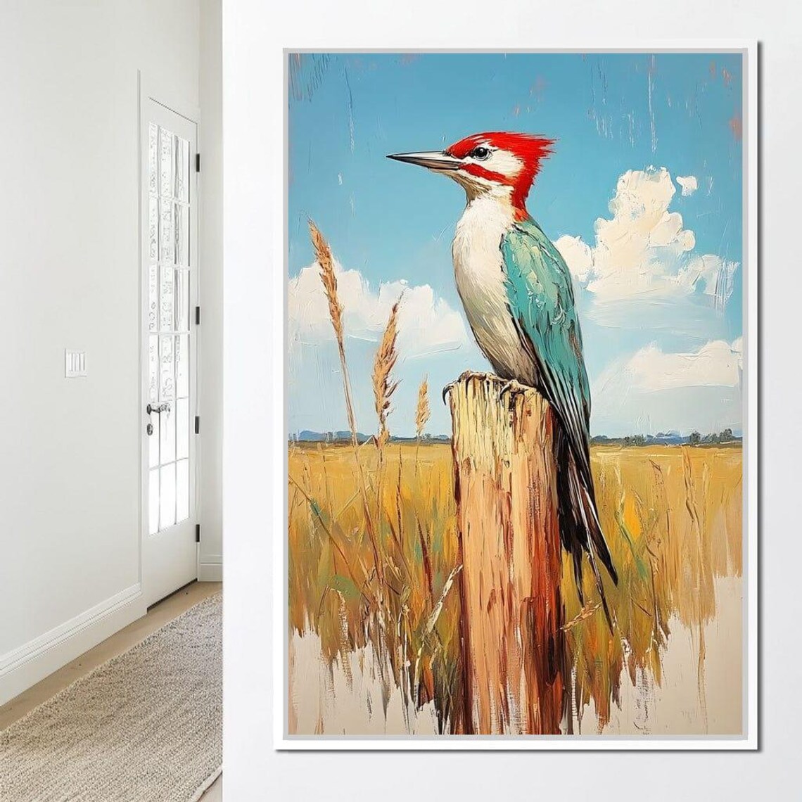 Red Crested Woodpecker Perched High In A Golden Meadow Poster - Image 3