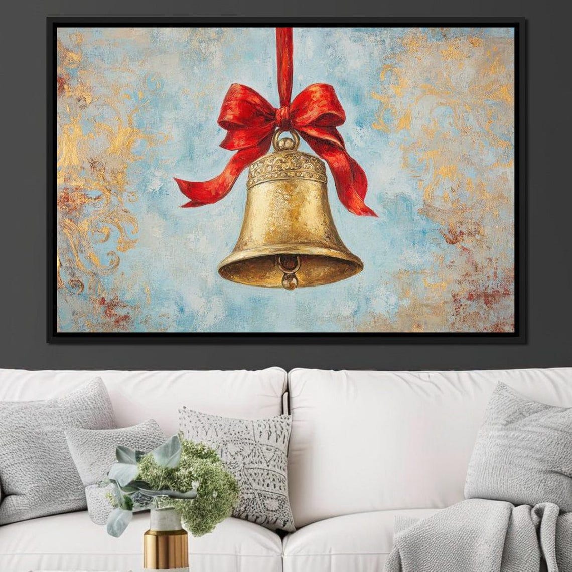 Golden Bell With Red Bow Pastel Blue Vintage Christmas Poster - Image 2