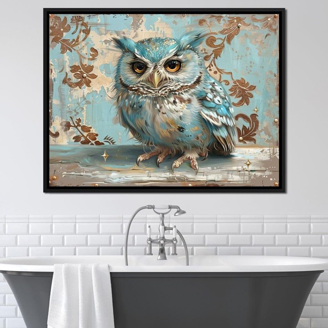 Blue Owl Vintage Teal Floral Wildlife Portrait Whimsical Wall Art - Image 2