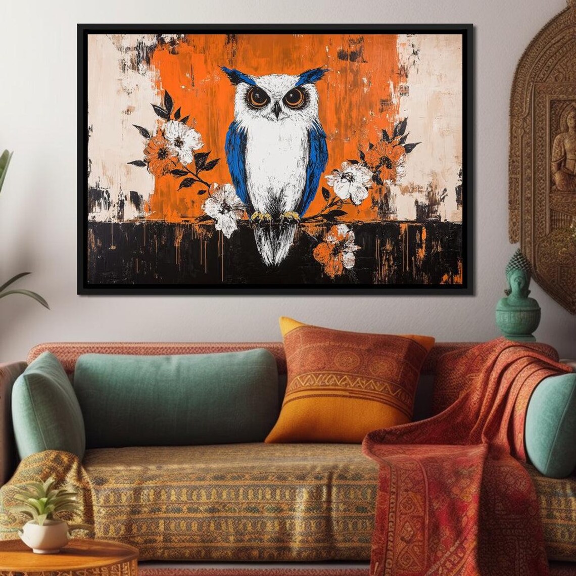 White Owl With Blue Wings Orange Blossom Floral Art Wildlife Poster - Image 2