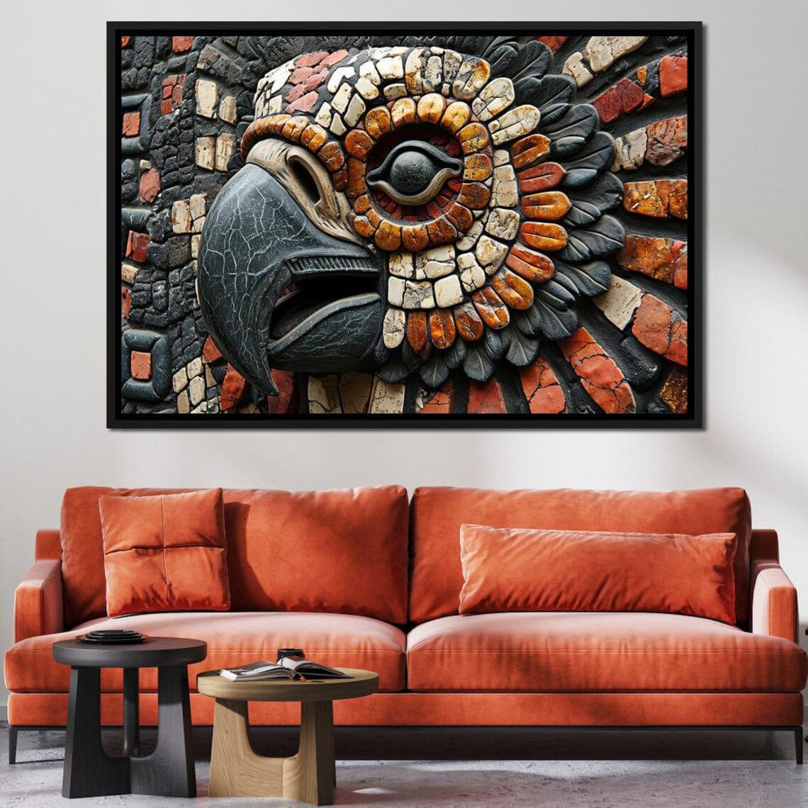 Aztec Mosaic Eagle Head Tribal Stone Carving Cultural Art Poster - Image 3