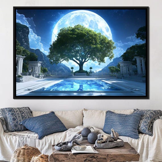 Lunar Reflection Sanctuary Moonlit Art Enchanted Nature Home Decor Tranquil Night Sky Landscape By Nichecanvas