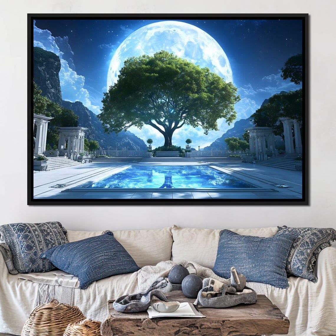 Lunar Reflection Sanctuary Moonlit Art Enchanted Nature Home Decor Tranquil Night Sky Landscape By Nichecanvas