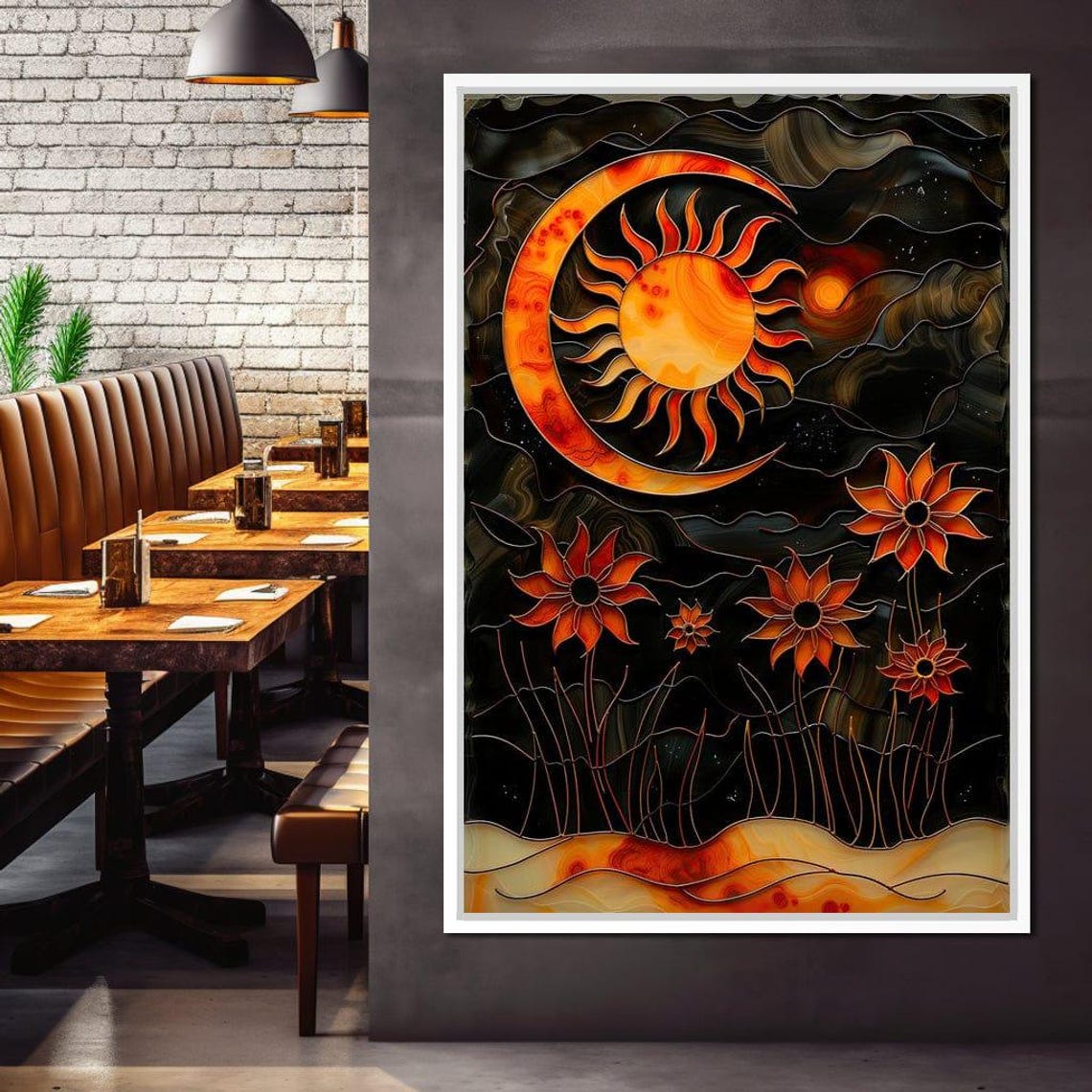 Solar Eclipse Stained Glass Sun Crescent Moon Orange Floral Wall Art - Image 4