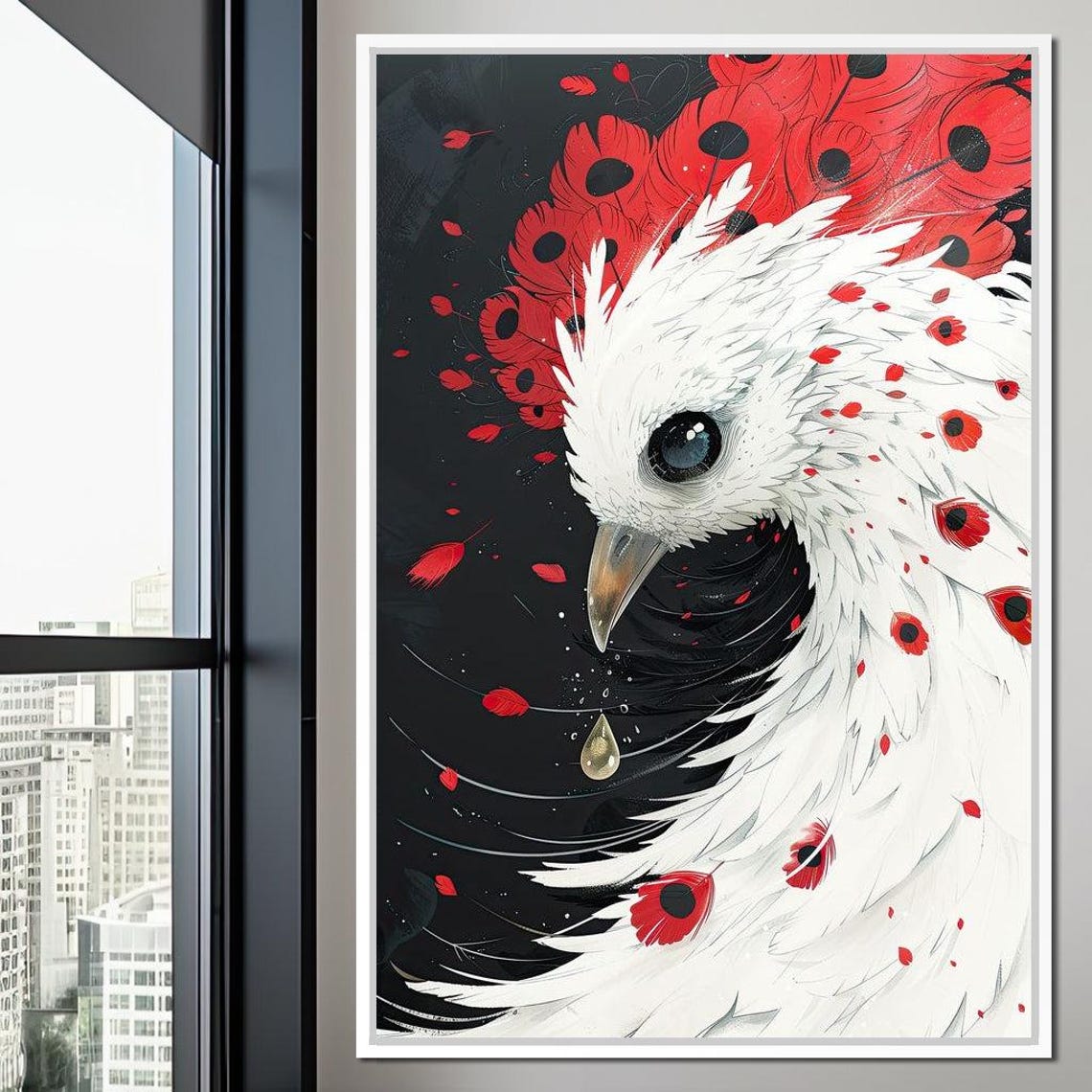 White Dove With Crimson Feathers Black Background Bird Art Poster - Image 3