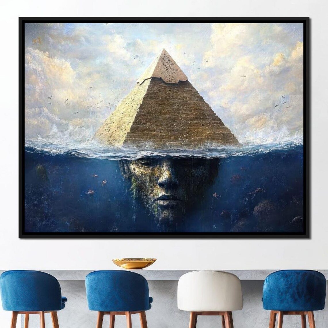 Great Pyramid Rising From The Ocean With Submerged Stone Face Wall Art - Image 4