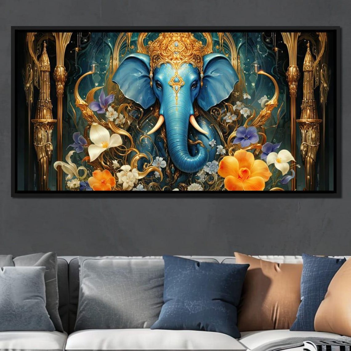 Blue Ganesha Elephant Golden Crown Floral Spiritual Wall Art Print