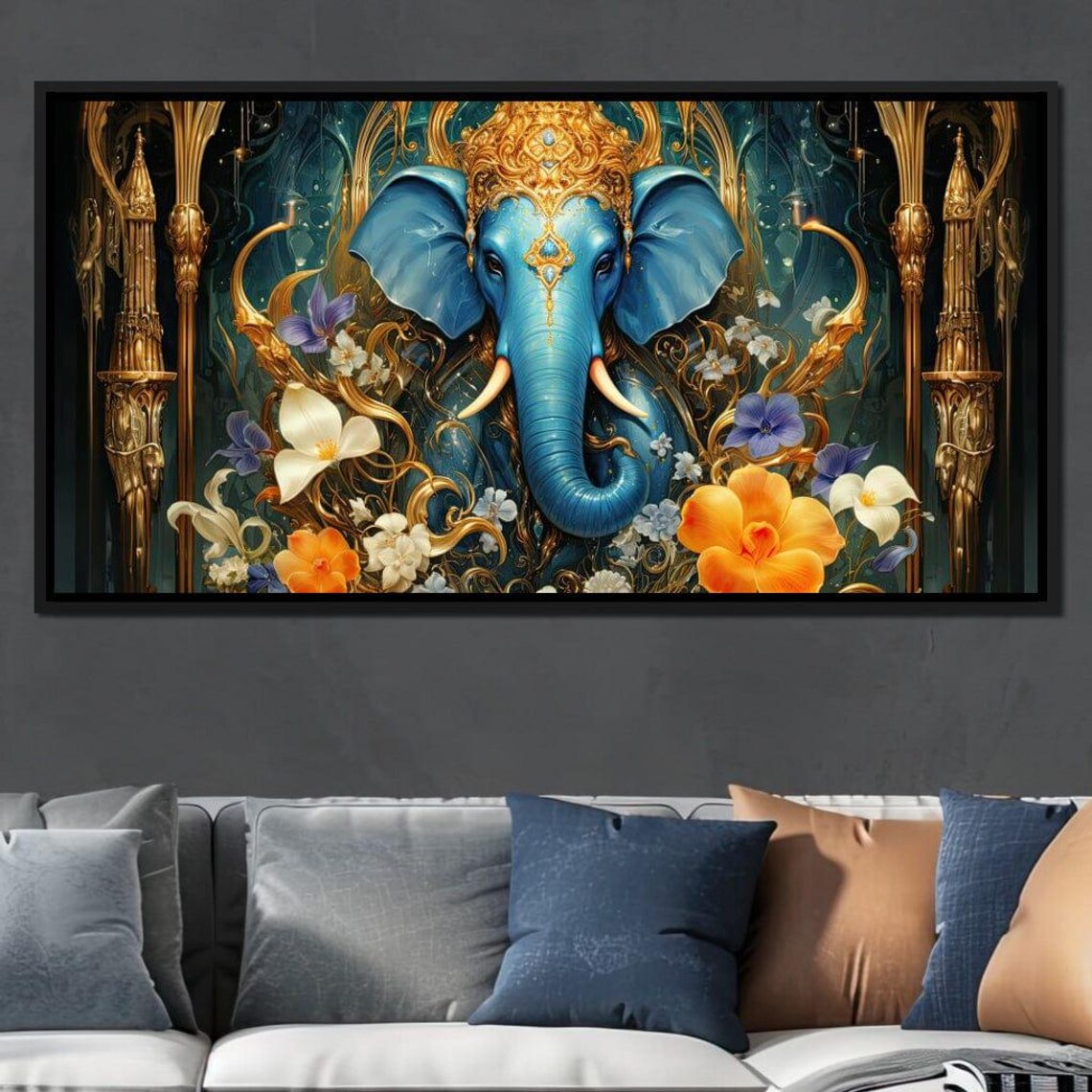 Radiant Majesty Of The Elephant Majestic Art Blue Yellow Spiritual Decor Hindu Gods Contemporary Home Decor By Nichecanvas