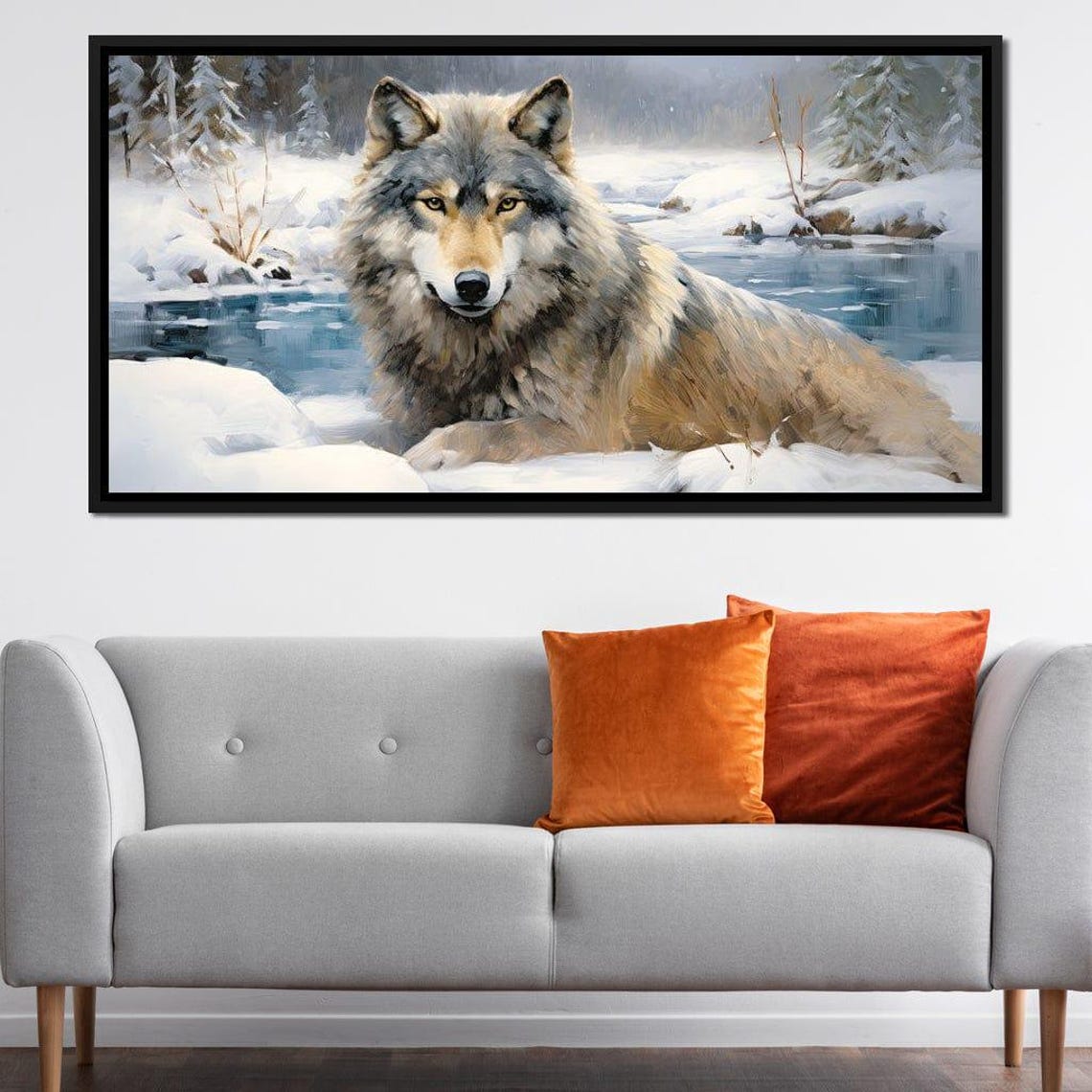 Majestic Grey Wolf Snowy Forest Stream Winter Wildlife Art Poster - Image 3