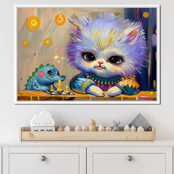 Cute Kitten Chess Game With Baby Dinosaur Colorful Whimsical Kids Room Wall Poster