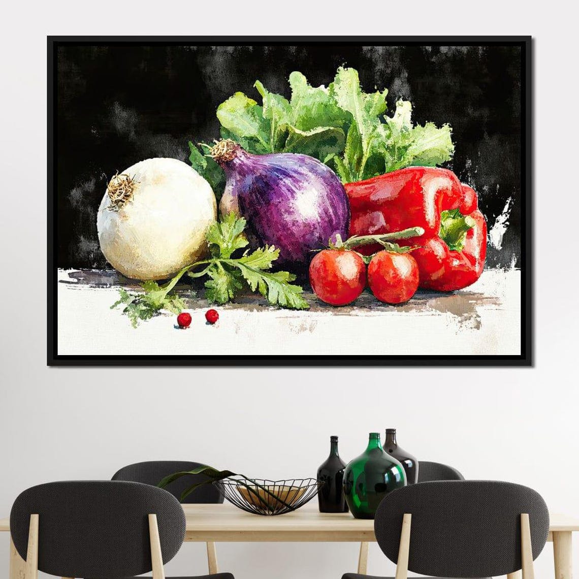 Watercolor Vegetable Still Life Onion Pepper Tomato Dark Rustic Art - Image 4