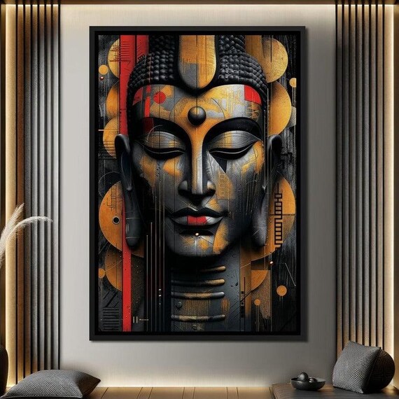 Geometric Buddha Face Gold Red Black Modern Zen Wall Art Poster
