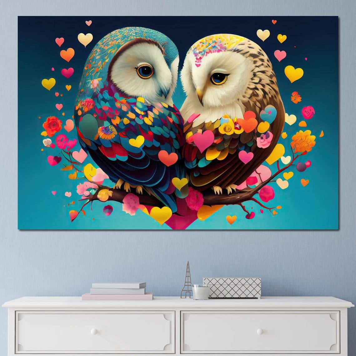 Romantic Colorful Owl Couple Hearts Whimsical Love Bird Art Poster - Image 3